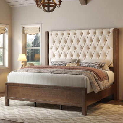 Jocisland Queen Size Solid Wood Bed Frame,57" Wingback Headboard,Walnut