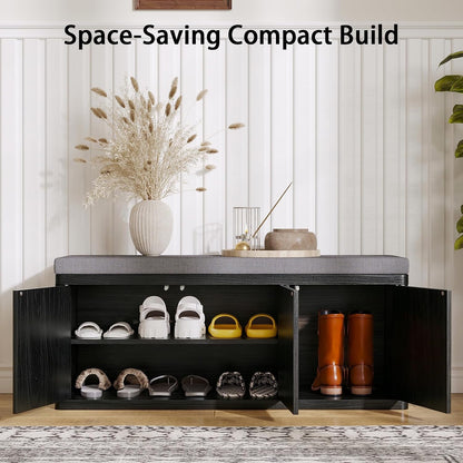 2-Tier Shoe Storage Bench with Cushion, 41.3" Entryway Bench with Padded Seat Cushion, Hidden Shoe Cabinet Storage for Hallway, Living Room, Bedroom,Black