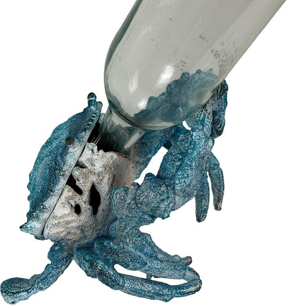 Crab Wine Bottle Holder, 8 Inch Turquoise Resin with Coral-Look Center | Raised Claws, Shell Ridges, Textured Legs, Distressed Whitewashed Finish, Open Center for Angled Display
