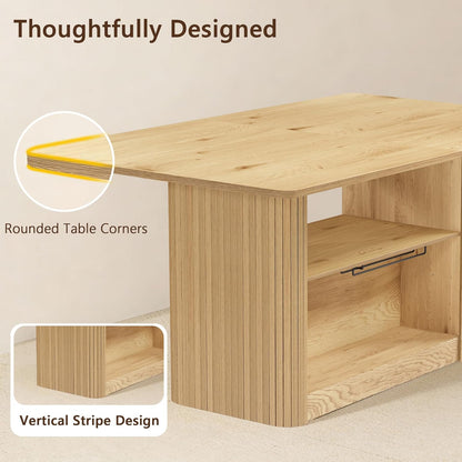 FUQARHY 63" Dining Table with Storage, Fluted Farmhouse Kitchen Table for 6 with 2-Tier Storage Shelf, Rectangular Wood Table