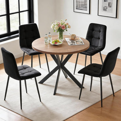 5-Piece Round Dining Table Set - Kitchen Table Chairs Set of 4 with Black Velvet Upholstered Chairs -Dining Table Set for 4