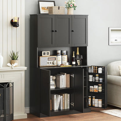 ONBRILL 71" Tall Kitchen Pantry Storage Cabinet, Kitchen Hutch, Black | Modern Food Pantry with Microwave Stand & Door Shelf, Freestanding pantry with 6 Door & Adjustable Shelves for Dining Room