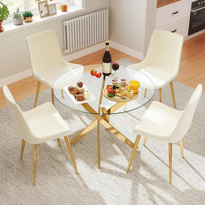 Zevemomo 35.5" Glass Dining Table for 4, Round Coffee Table with Tempered Glass Top Gold Mental Legs, Modern Circle Glass Dinner Kitchen Table for Apartment Home Office