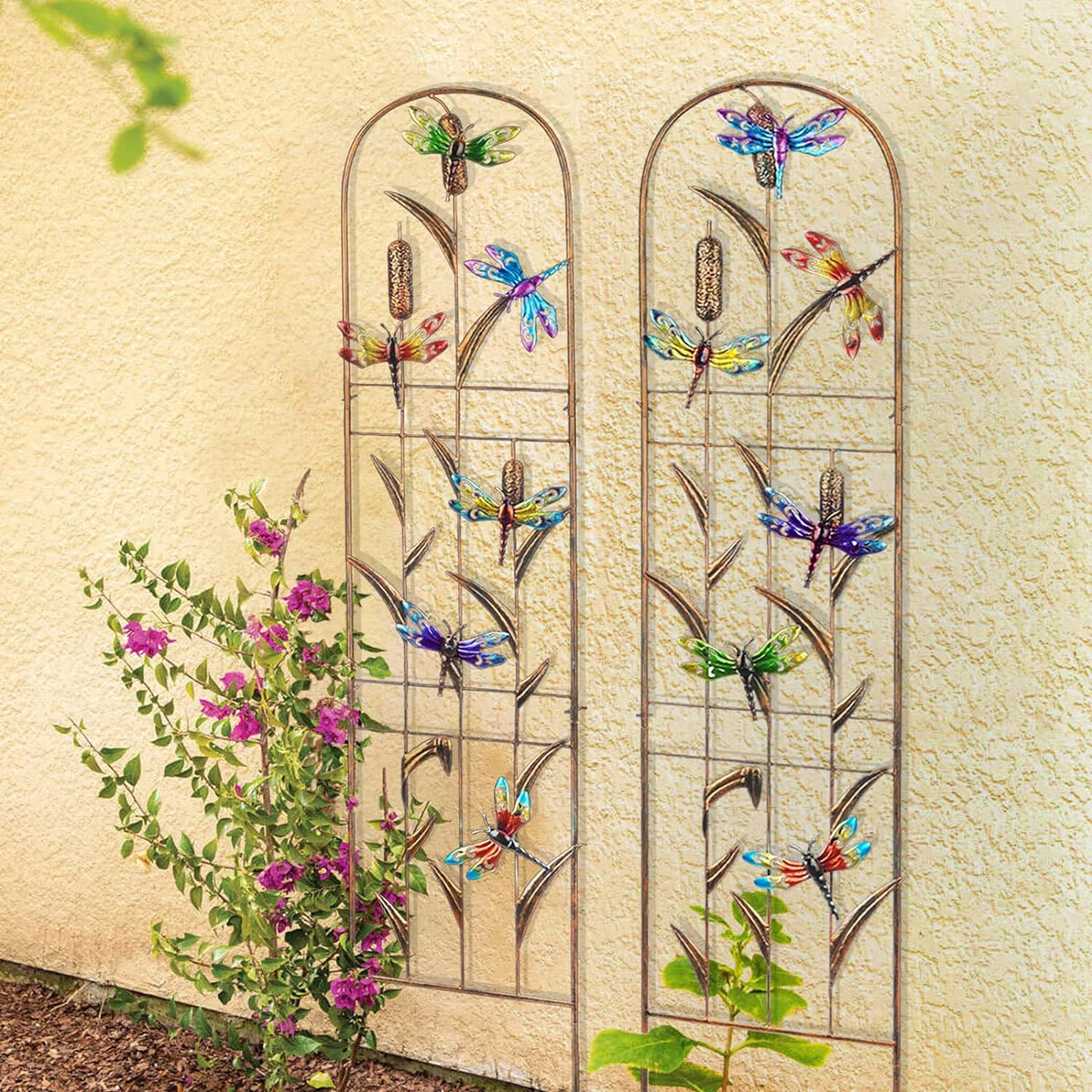 SUNNYPARK Set of 2 Dragonfly Metal Garden Trellis for Climbing Plants, Decorative Vegetables Flowers Vine Trellis for Outdoor Patio 60'' H x 11'' W