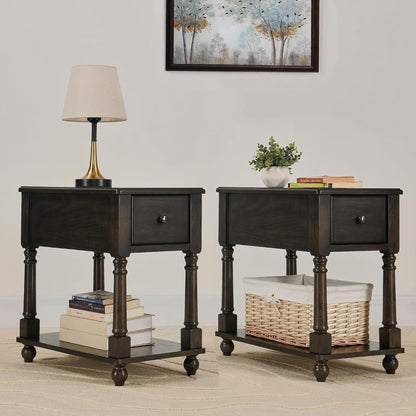 Set of 2 Narrow Open End Table with Drawer, Solid Wood Side Table 2-Tier Skinny Table with Storage Shelves Slim Nightstand Small Sofa End Table for Living Room Bedroom-Antique Black 004BK