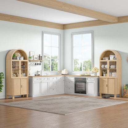 69" Tall Kitchen Pantry Storage Cabinet with Sliding Door, Modern Curved Edge Pantry Storage Cabinet with Glass Door & Adjustable Shelves, Oak Cupboard for Kitchen, Dining Room, Living Room, Office