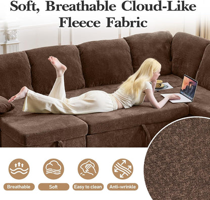 VINGLI Sectional Sleeper Sofa with Pull Out Couch Bed, 111 Inch U-Shaped Convertible Sofa Bed, 7 Seat Modular Sectional Couches for Living Room with Storage Chaise, USB Charging, Side Pockets