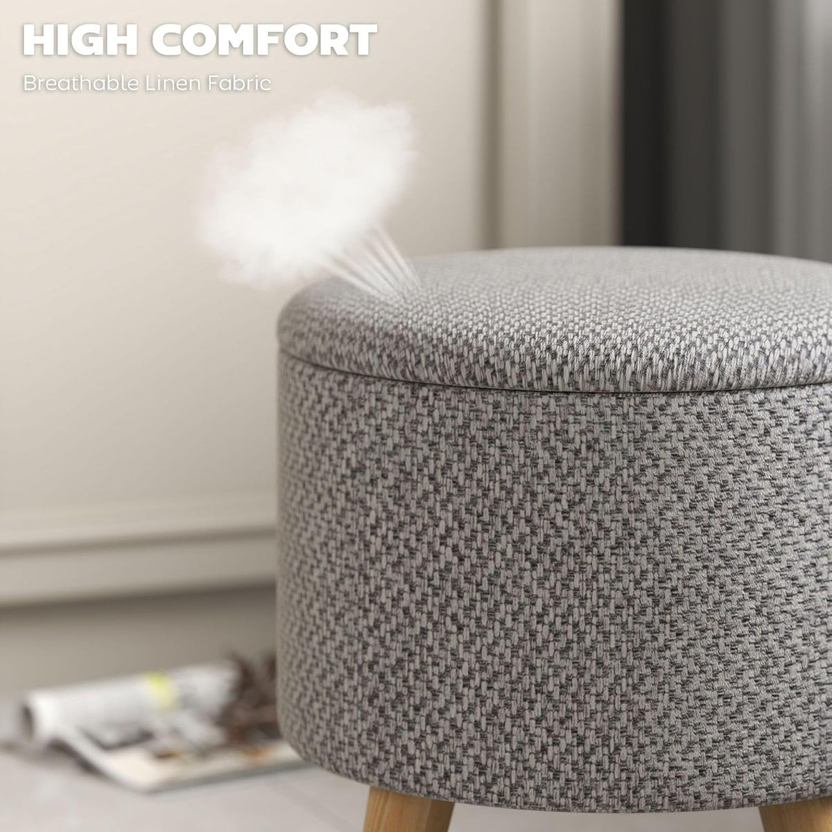 Light Gray Round Storage Ottoman with Hidden Lid and Linen Fabric