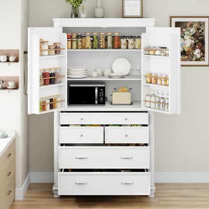 Freestanding Large Kitchen Pantry,Tall Storage Cabinet Cupboard with 6 Door Shelves, 2 Adjustable Shelves and 5 Drawers,for Dining Room (White-W)
