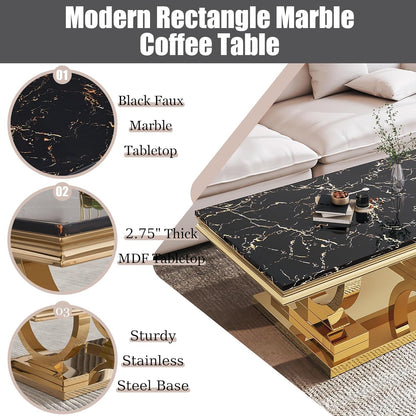 Marble Coffee Table Set of 3, Includes 1 Coffee Table with 2 Square End Side Tables, Luxury 3 Piece Living Room Table Set with Black Faux Marble Tabletop & Gold Stainless Steel Base