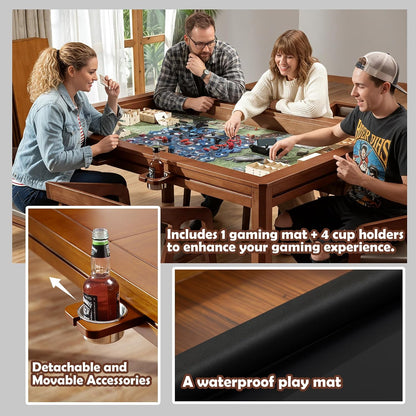 Solid Wood Board Game Table with Removable Table Top for 4–6 Players,Gaming Table and Dining Includes Play Mat and Detachable Cup Holders with 55" x 31" Play Area (Cherry)