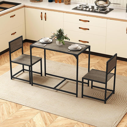 COSTWAY 3-Piece Small Dining Table Set for 2, Industrial Dinette Set with Sturdy Metal Frame & Wood Grain Tabletop, Space-Saving Kitchen Table and Chairs for Apartment, Small Spaces (Gray Oak)