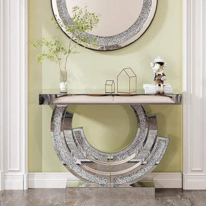 SSLine Mirror Console Table for Living Room 43" Modern Mirrored Entryway Table with Crystal 3-Ring Shape Base Luxury Silver Foyer Tables for Entryway Hallway
