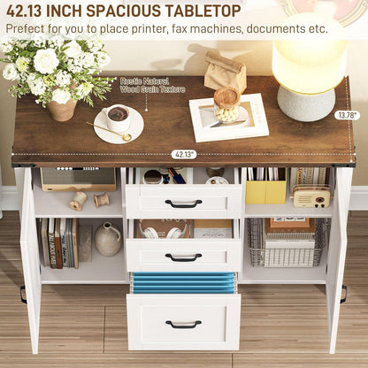 Vabches File Cabinet with 3 Drawers Fits Files Letter/A4 Size, Rustic White | Farmhouse Lateral File Cabinet, Wooden Filing Cabinet with Door and Adjustable Shelves Printer Stand for Home Office