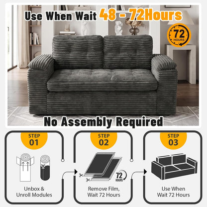 Loveseat Sofa for Living Room, Small Cloud Couch with Double-Density Foam Support, Removable Washable Corduroy Cover & 4 Pillows, Comfy Floor Sofa, Compact Couch for Small Spaces, Dark Grey