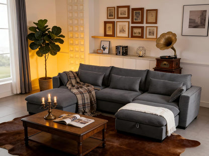 asunflower Modular Sectional Sofa for Living Room, 122.5" 3-Seat U-Shaped Cloud Couch with 2 Storage Ottomans, Easy Assembly Corduroy Couch with Deep Seat for Bedroom, Apartment, Dark Grey