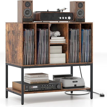 Giantex Record Player Stand with Charging Station, Turntable Stand with Storage Shelves Hold Up to 150+ Albums, Record Player Table with Metal Frame, Vinyl Record Storage for Music Living Room, Brown