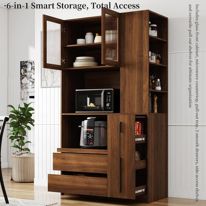 Tall Kitchen Hutch Cabinet with Pull-out Shelves, Storage Drawers, Glass Doors Freestanding Cable Management Pantry Large Kitchen Cupboard for Dining Room with Microwave Countertop Walnut Finish