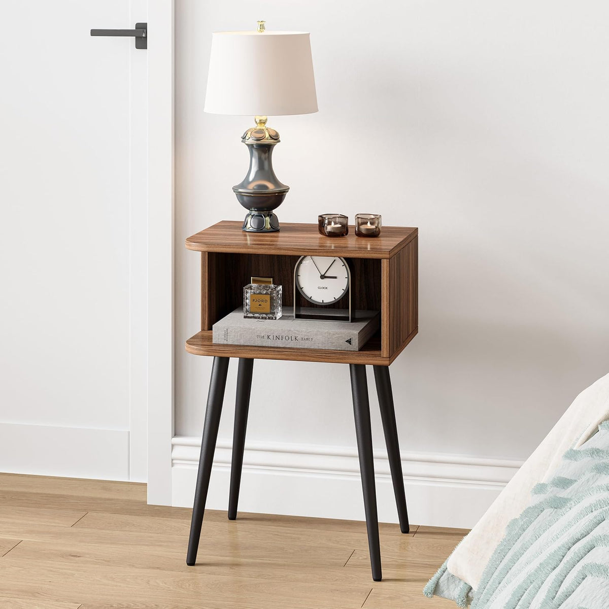 Nightstand Set of 2, Small Bed Side Table for Small Spaces, Mid Century Modern Nightstand End Table with Open Storage, Side Table for Bedroom Living Room, Walnut Brown MLBZ20R-2