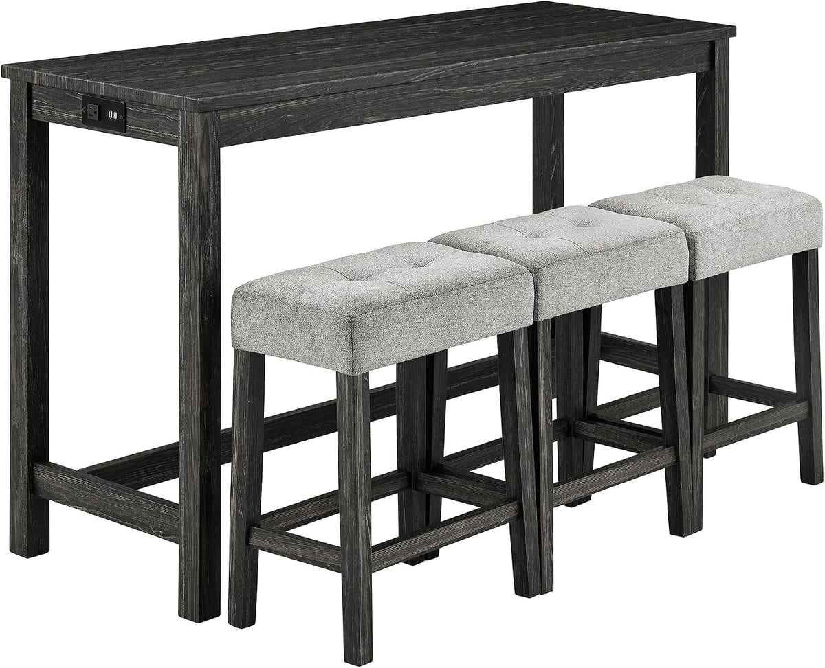 Bar Table Set with Power Outlet, 4 Piece Bar Table and Chairs Set, Industrial Breakfast Table Set, for Living Room/Dining Room/Game Room, Black+Gray