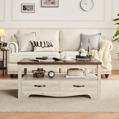 LINSY HOME Farmhouse Coffee Table with Storage, Wood Coffee Table for Living Room, Open Display Area and Storage Drawers with Metal Handles, Chic Style with Curved Base. Oak and Brown