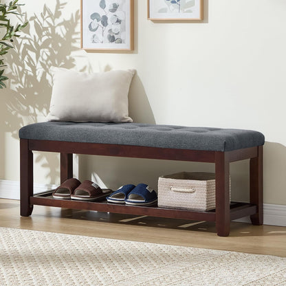 Shoe Bench Entryway, 44" End of Bed Bench,Upholstered Linen Bench for Living Room,Fabric Ottoman Bench with Solid Wood Shelf for Bedroom, Entrance Darkgrey