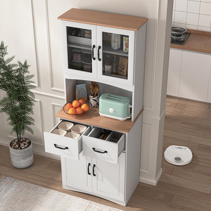 66.9'' Kitchen Pantry Cabinet, White Pantry Storage Microwave Cabinet with Glass Doors, Adjustable Shelves, Drawer, Freestanding Larder Cupboard for Kitchen, Dining Room