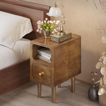Narrow Nightstand, Solid Wood Night Stand with Drawers, Walnut Mid Century Modern Nightstand, Small Bedside Table with Open Storage Shelf for Bedroom (12 Inch)