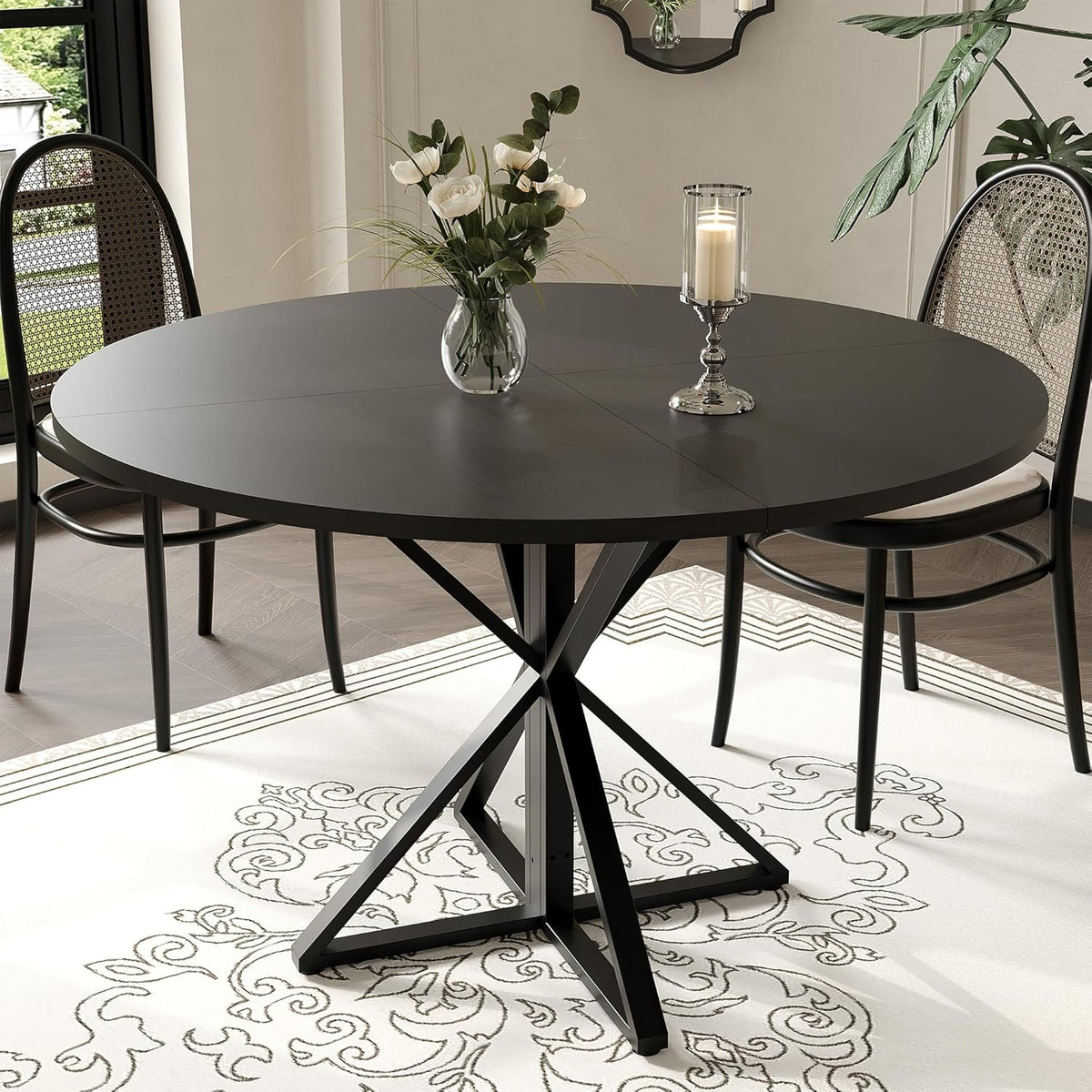 IDEALHOUSE 47 Inch Round Dining Table for 4, Farmhouse Kitchen Table with Metal K-Base, Black Circle Wood Table for Dining Room, Kitchen, Apartment & Living Room (Table Only)