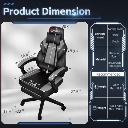 DL-win Gaming Chairs for Adults, Computer Chair with Footrest and High Back, Big and Tall Gamer Chair's with Massage Lumbar Support, 360° Swivel Height Adjustable Gaming Chair, Grey