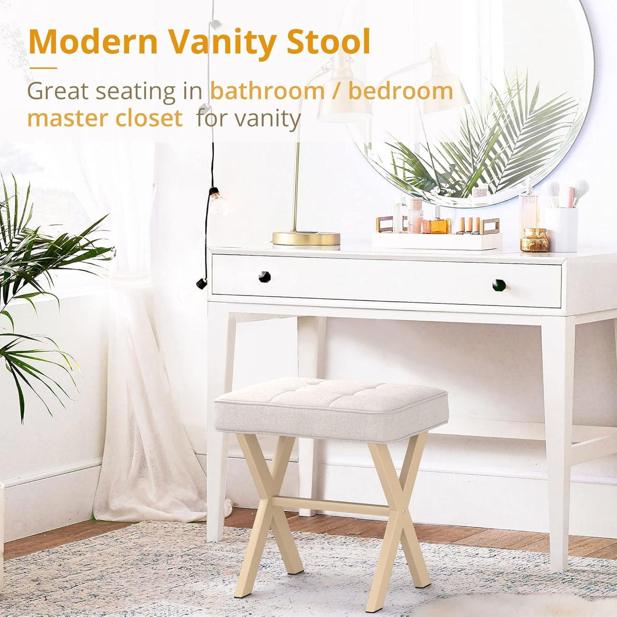 LUE BONA Square Linen Makeup Stool, Metal X Legs, Small Ottoman Stool Chair for Vanity, Modern Padded Seat Foot Rest for Makeup Room, Bathroom