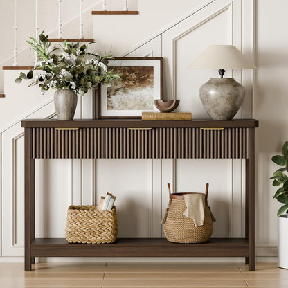 Lulive Fluted Console Table, 51 Inch Entryway Table with 3 Drawers | Scandi farmhouse look with quiet full-extension slides, open lower shelf, profile for hallway, entry, foyer or behind sofa.