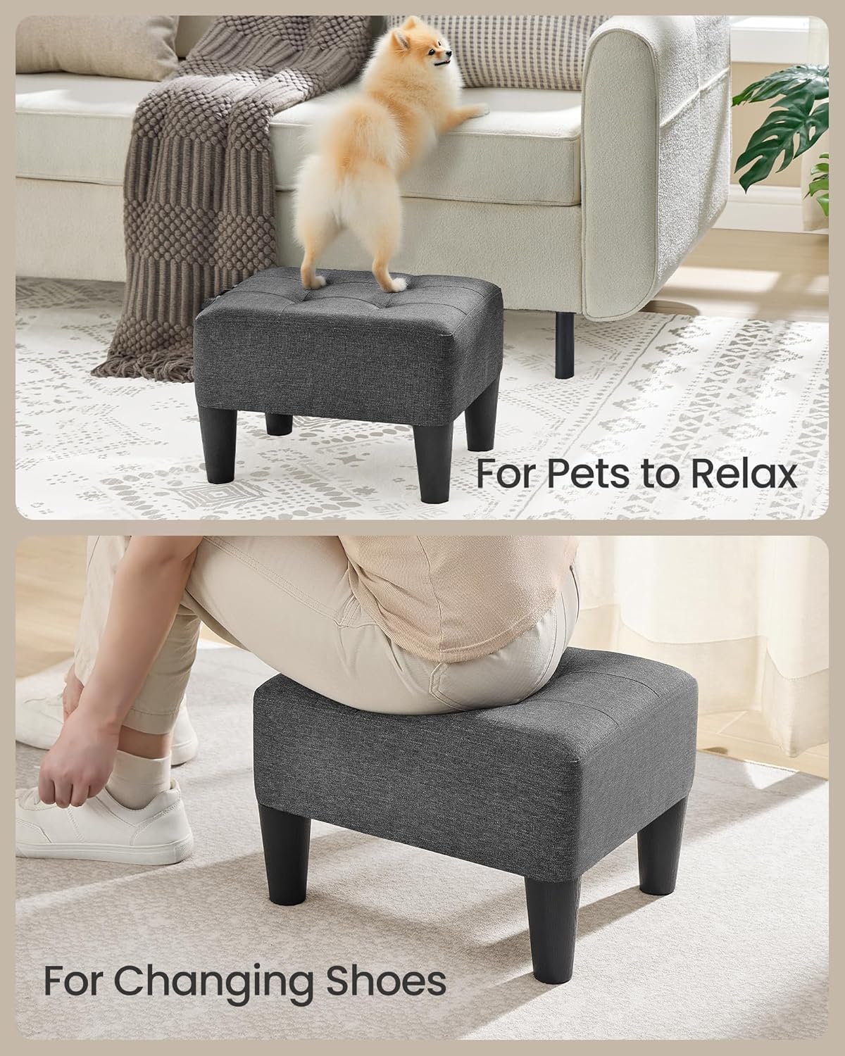 SONGMICS Foot Stool with Legs, Small Footstool Ottoman, Linen-Look Fabric Seat with Thick Cushion, for Living Room, Bedroom, Entryway, 330 lb Weight Capacity, Dark Gray ULOM502G01