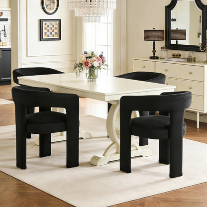 Modern Barrel Dining Chairs Set of 6, No Assembly Velvet Upholstered Dining Room Chairs with Open Back and 3 Legs, Comfy Accent Armchairs for Living Room/Bedroom/Kitchen/Reading, Black