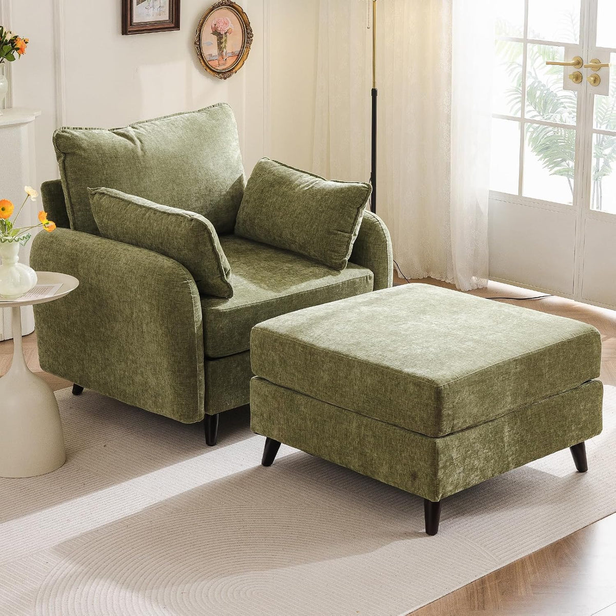 Rexulqo Oversized Accent Chair with Ottoman,All Seats Storage,Comfy Armchair,24.5'' Deep Seat,Upholstered Living Room Chairs,Reading Chair,Lounge Chair for Bedroom,Office,Chenille,Green