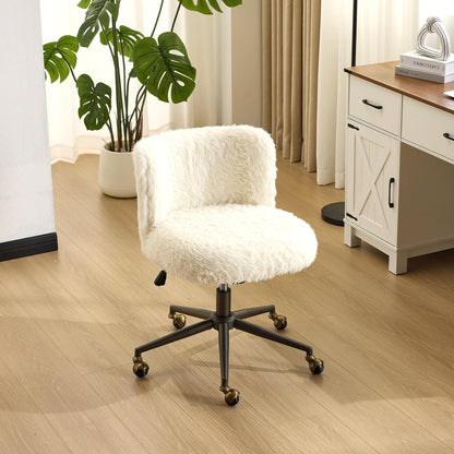 VINGLI Plush Upholstery Vanity Desk Chair with Curved Back & 90-102° Tilt &Adjustable Height, Cute Rolling Chair with Bronze Base & Golden-Bronze 360° Swivel Wheels for Makeup &Home Office,White Cream