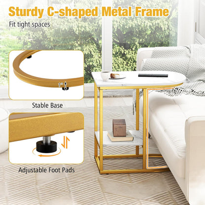 Giantex C Shaped End Table Set of 2, Modern Sofa Side Table with Faux Marble Tabletop & Storage Shelf, Slide Under Sofa Bed, 2-Tier Couch Table for Small Spaces Living Room Bedroom, White