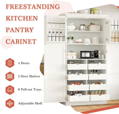 71 Inch Kitchen Pantry Cabinet with Pull-Out Trays, White | White P2 MDF, kitchen or dining room, door shelves, adjustable shelf, freestanding design, 17.6 in D, 35.5 in W