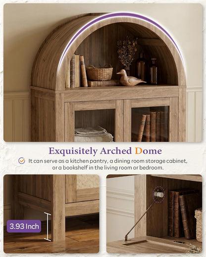 TYBOATLE 71'' Arched Pantry Cabinet with Glass Door for Kitchen Dining Room | Arch Storage Cabinet, Versatile Cupboard with Innovative Drawer and Anti-Tip Device, Kitchen Dining, Natural