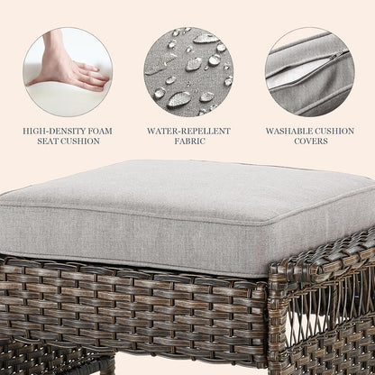 Patio Ottomans 2 Piece Outdoor Wicker Ottomans PE Rattan Footrest with Thickened Cushions Footstools for Garden Sunroom Deck Porch Balcony Poolside, Ottomans(2PCS), Brown|Beige