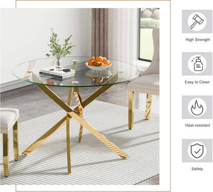 47" Round Glass Dining Table for 4-6, Circle Kitchen Table with Tempered Glass Top & Gold Metal Cross Legs, Modern Glass Dinner Table for Kitchen Dining Room Small Apartment