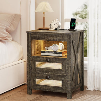 Farmhouse Night Stand with Gun Drawer, Bedside Table with Charger Station, LED Nightstand with Human Sensor Light, Smart End Table for Bedroom Livingroom, Rustic