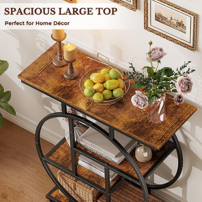 Cottage Charm Entryway Console Table, 31.5" Sofa Table Behind Couch with Curved Metal Frame and Wood Shelves, Decorative Console Table for Living Room, Hallway, Foyer, Rustic Brown
