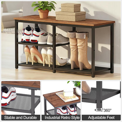 CHEMPFR Shoe Bench with Storage, Shoe Rack Organizer, Spacious Wood Top Entryway Bench, with 300 lb Capacity for Hallway, Living Room, Rustic Brown (3 Tier 31.5″x11.81″x15.74″)