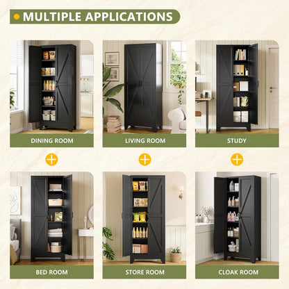 RAVIGIN Farmhouse Storage Cabinet,75" H Metal Pantry Cabinet with Barn Doors and Adjustable Shelves,75" H 6-Tier Rustic Pantry Organizers for Kitchen,Dining Room,Black