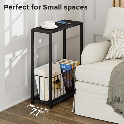 Homleke Narrow Side Table with Magazine Holder, Skinny End Table Perfect for Small Spaces, Space-Saving Design for Living Room, Bedroom, or Office, 7.1" D x 16.9" W x 23.6" H, Black