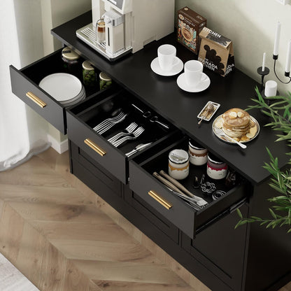 Buffet Cabinet with Storage - Buffets & Sideboards Kitchen Storage Cabinet, Wood Console Table Coffee Bar Accent Cabinets for Living Room Dining Room Entryway Large 3 Doors & Drawers, Black 47.2"W