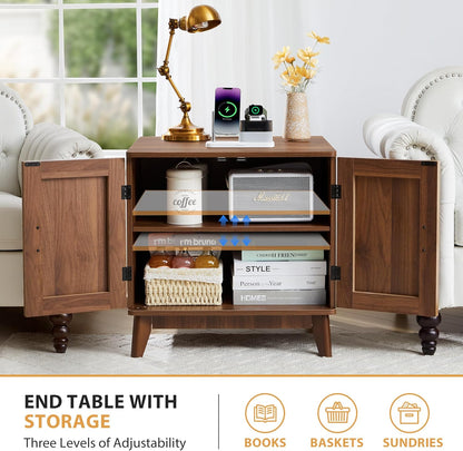 Fluted End Table with Charging Station, 2 Door Side Table with Storage, Mid Century Modern Nightstand for Bedroom Bedside, Living Room Couch Sofa, Office, Desk Side Table for Small Spaces-Walnut