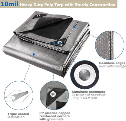 Yescom 10x15ft Heavy Duty Reinforced Poly Tarp 10-mil Waterproof Tarpaulin Ground Sheet Camping Tent Cover with Eyelets Reversible Silver Black Tarps