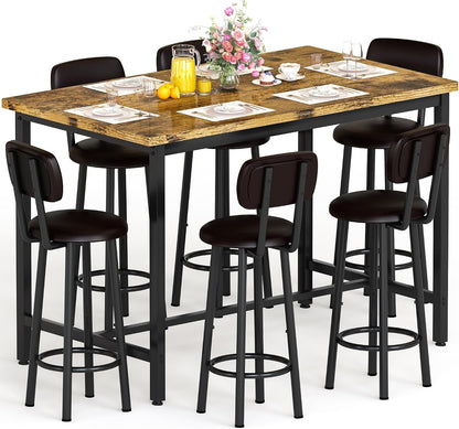 Recaceik 50" Dining Table Set for 6, 7-Piece Counter Height Bar Table Set with Upholstered Stools, Space-Saving Modern Pub Set for Kitchen, Breakfast Nook & Home Bar, Rustic Brown